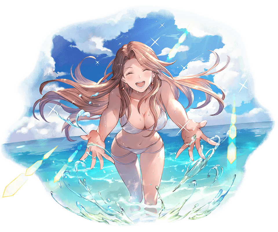 bangs bare_shoulders bikini breasts brown_hair cleavage closed_eyes cloud cloudy_sky collarbone day earrings eyebrows_visible_through_hair granblue_fantasy jewelry katalina_aryze large_breasts lens_flare long_hair minaba_hideo navel official_art open_mouth outdoors shiny sky smile solo splashing sunlight swimsuit transparent_background wading water water_drop white_bikini