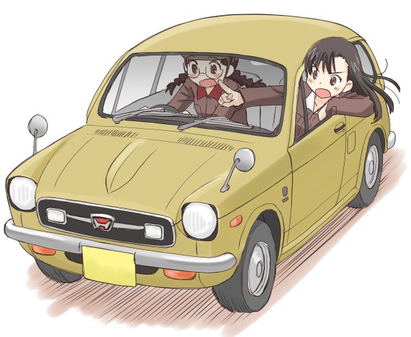 asymmetrical_bangs bangs black_hair blush_stickers braid brown_eyes brown_hair brown_jacket car chi-hatan_military_uniform commentary_request driving frown fukuda_(girls_und_panzer) girls_und_panzer glasses ground_vehicle honda_n360 jacket long_hair long_sleeves looking_out_window military military_uniform motion_lines motor_vehicle multiple_girls nishi_kinuyo open_mouth pointing riding round_eyewear simple_background sitting through_window twin_braids twintails uniform uona_telepin white_background