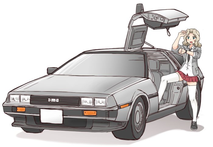 back_to_the_future black_neckwear blazer blonde_hair blouse blue_eyes blue_footwear car collared_blouse commentary_request cross-laced_footwear delorean foot_up girls_und_panzer grey_jacket ground_vehicle hair_intakes jacket kay_(girls_und_panzer) long_hair long_sleeves looking_at_watch miniskirt motor_vehicle necktie open_clothes open_jacket open_mouth parody pleated_skirt red_skirt saunders_school_uniform school_uniform shoes simple_background skirt sleeves_rolled_up sneakers solo standing thighhighs uona_telepin watch white_background white_blouse white_legwear wristwatch