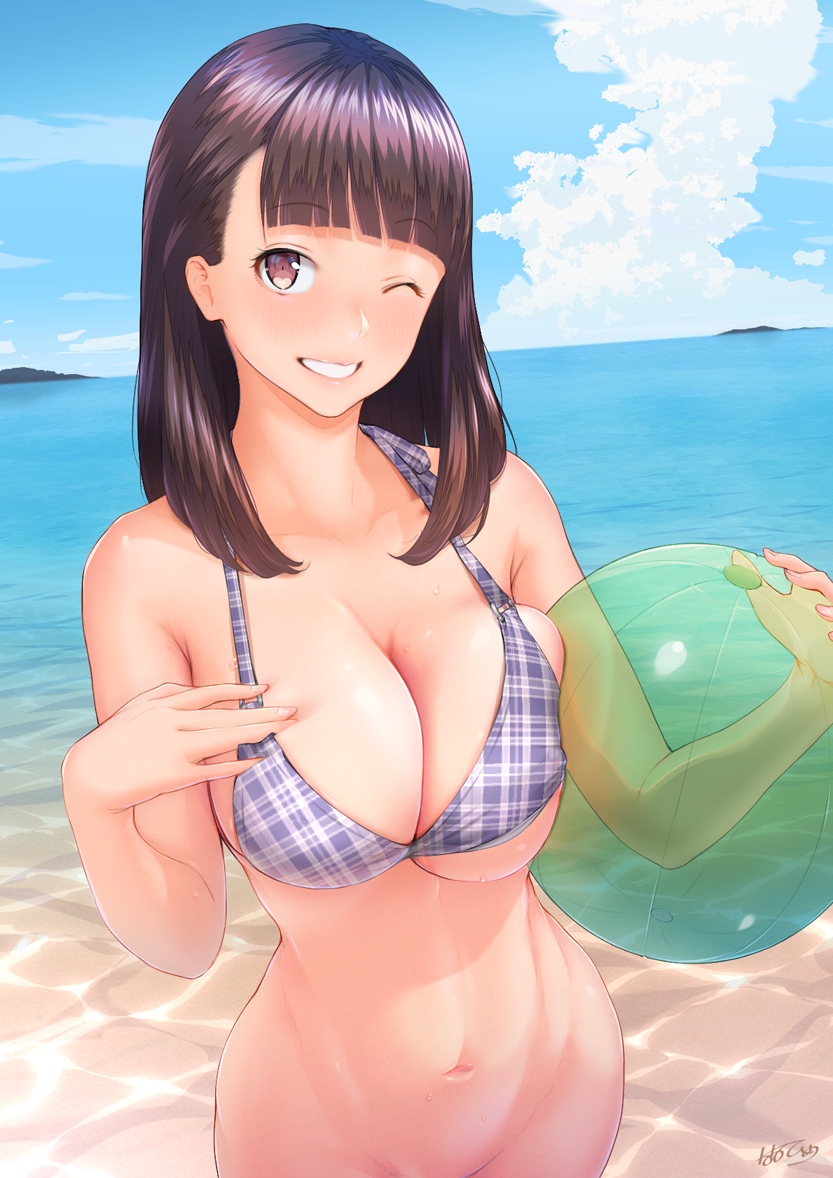 ball bangs beach beachball bikini_top blunt_bangs bottomless breasts cleavage day deep_skin eyebrows_visible_through_hair hand_on_own_chest large_breasts medium_hair nanahime navel ocean one_eye_closed original out-of-frame_censoring outdoors parted_lips plaid_bikini_top purple_eyes purple_hair skindentation smile solo sweat teeth water
