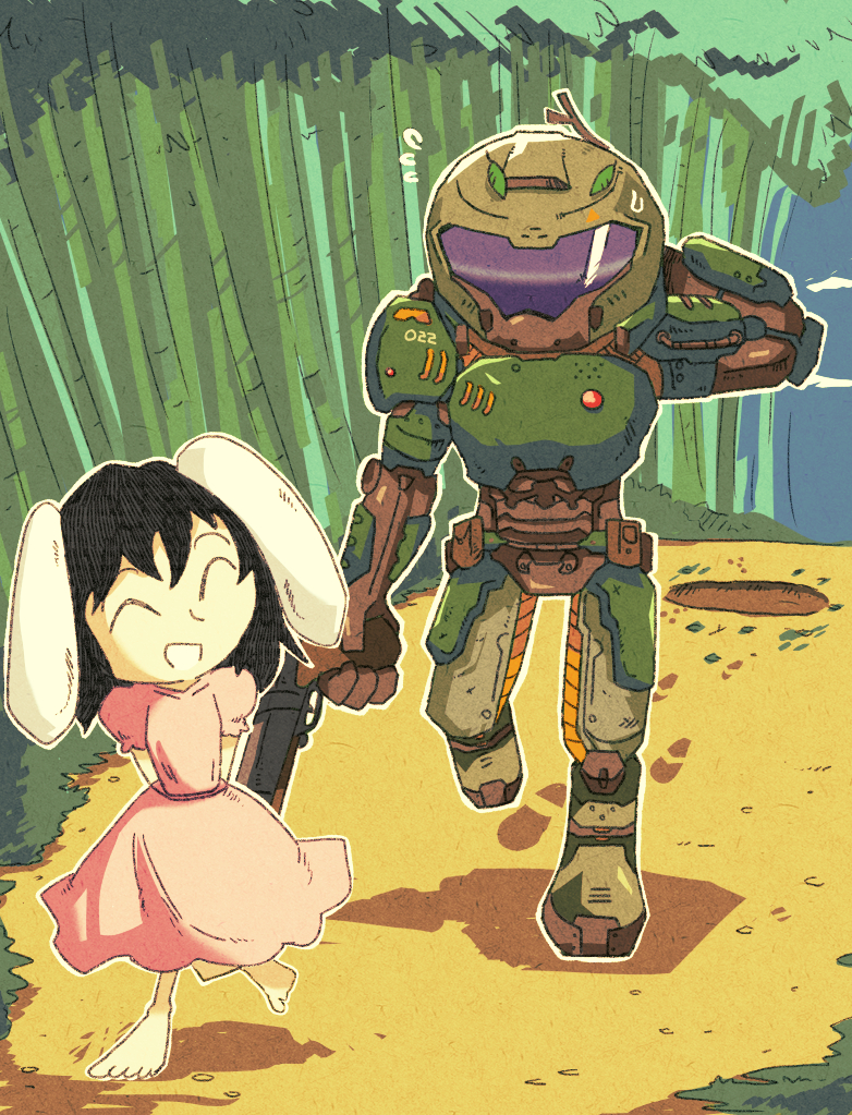 1girl ^_^ animal_ears arm_behind_head armor armored_boots arms_behind_back bamboo bamboo_forest barefoot belt_pouch black_hair boots breastplate bunny_ears closed_eyes commentary commission crossover day doom_(2016) doom_(game) doomguy dress english_commentary floppy_ears flying_sweatdrops footprints forest full_armor full_body gun height_difference helmet holding holding_gun holding_weapon hole inaba_tewi leaf leaf_on_head long_dress looking_at_another medium_hair nature open_mouth outdoors pink_dress pitfall pouch praetor_suit puffy_short_sleeves puffy_sleeves setz short_sleeves shotgun smile space_marine toes touhou visor walking weapon |d