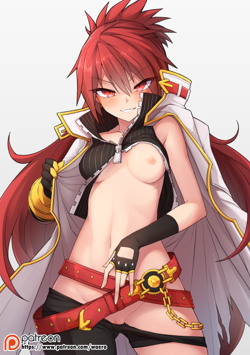 ass_visible_through_thighs asymmetrical_clothes asymmetrical_gloves belt beltskirt black_gloves blazing_heart_(elsword) blush breasts breasts_apart chain chinese_commentary coat commentary_request cowboy_shot elesis_(elsword) elsword eyebrows_visible_through_hair eyes_visible_through_hair fingerless_gloves gloves grin hair_between_eyes long_hair looking_at_viewer md5_mismatch medium_breasts navel nipples one_breast_out pants_pull parted_lips patreon_username pussy red_eyes red_hair simple_background single_pantsleg smile solo spiked_hair v-shaped_eyebrows waero white_background