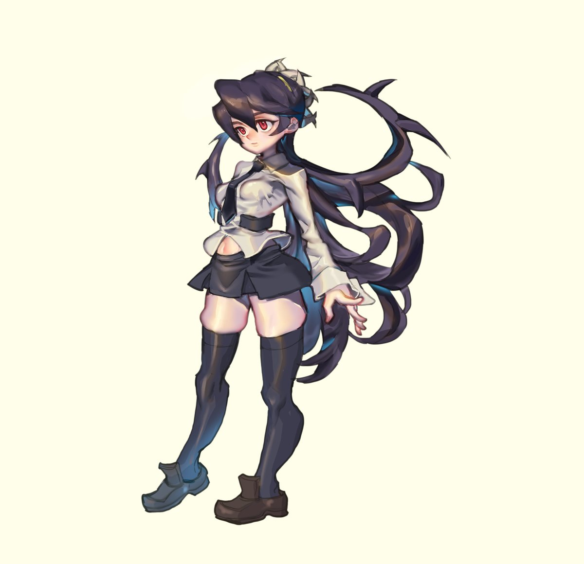 1girl between_breasts black_hair breasts collared_shirt filia_(skullgirls) large_breasts long_hair long_sleeves necktie necktie_between_breasts prehensile_hair red_eyes samson_(skullgirls) school_uniform shirt skirt skullgirls standing thighhighs very_long_hair