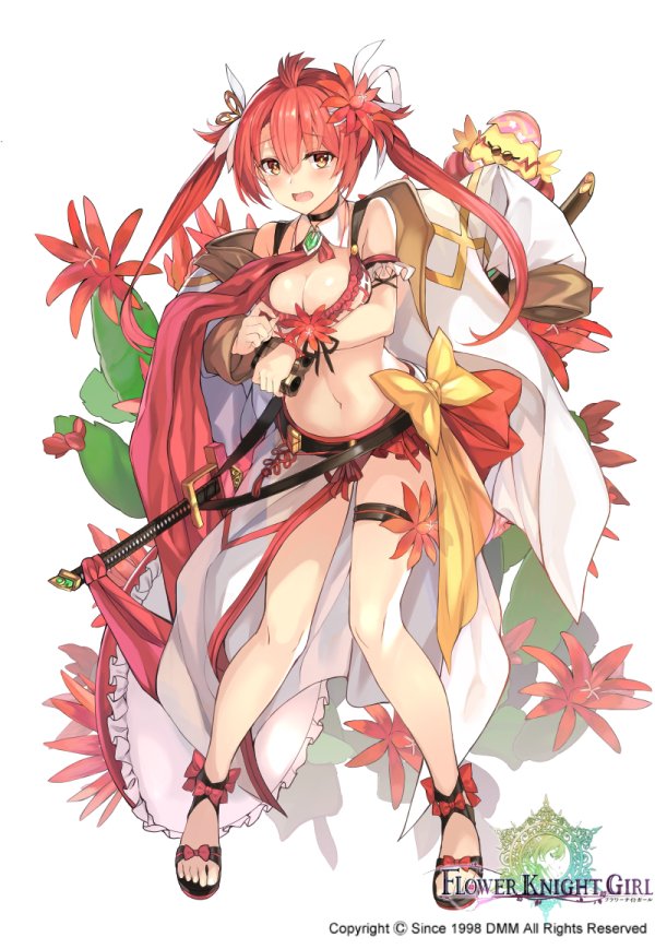 :o ahoge bare_legs bow breasts cleavage commentary_request copyright_name dreamlight2000 flower flower_knight_girl full_body hair_flower hair_ornament hoshikujaku_(flower_knight_girl) jacket_on_shoulders large_breasts long_hair looking_at_viewer midriff navel object_namesake official_art open_mouth red_hair sandals shoe_bow shoes simple_background solo standing sword thighlet twintails weapon white_background yellow_bow yellow_eyes
