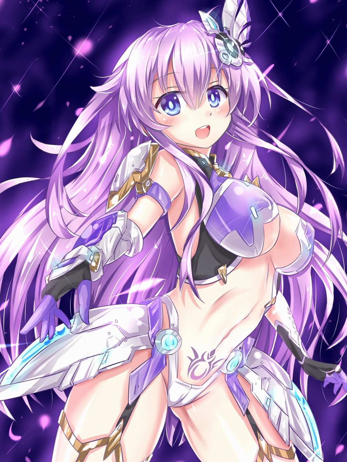 :d alternate_breast_size alternate_costume armor bikini_armor blue_eyes breasts cleavage commentary_request cowboy_shot faulds garter_straps gloves hair_between_eyes headgear highres kazuneko_(wktk1024) large_breasts long_hair midriff naked_armor nepgear nepnep_connect:_chaos_chanpuru neptune_(series) open_mouth purple_hair purple_sister purple_sister_v revealing_clothes smile solo tattoo underboob upper_teeth very_long_hair