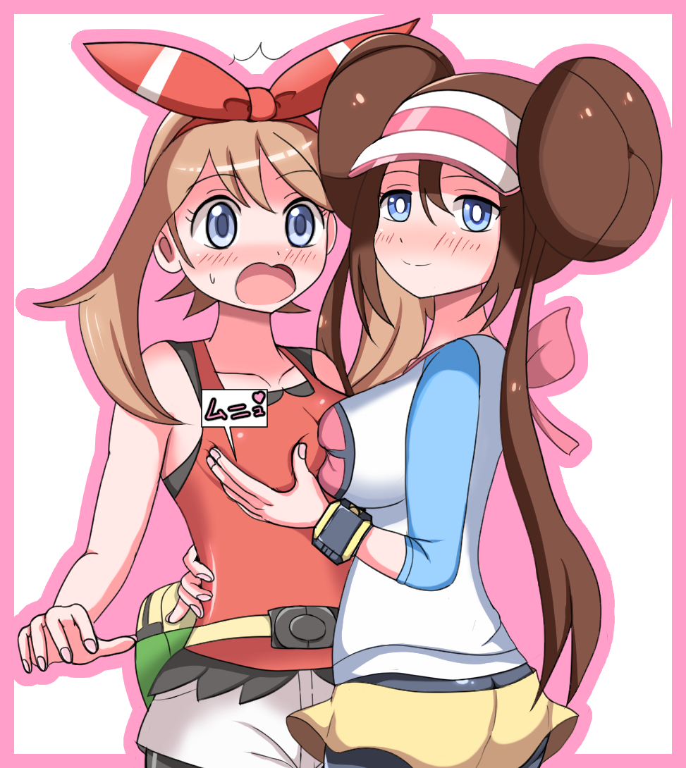 2girls arm_around_waist ass asymmetrical_docking bag bare_shoulders black_legwear blue_eyes blush border breast_grab breast_press breasts brown_hair collarbone embarrassed eyebrows_visible_through_hair fanny_pack female from_behind grabbing hairband hand_up haruka_(pokemon) haruka_(pokemon_oras) hat heart hug japanese_text kaimu_(qewcon) large_breasts long_hair long_sleeves looking_at_another looking_at_viewer looking_back medium_breasts mei_(pokemon) multiple_girls nose_blush open_mouth outline outside_border pantyhose pink_border pink_hair poke_ball_theme pokemon pokemon_(game) pokemon_bw2 pokemon_oras red_hairband red_shirt shiny shiny_hair shirt short_shorts shorts simple_background sleeveless sleeveless_shirt smile standing surprised sweat tied_hair translation_request twin_buns twintails visor_cap watch white_background white_shirt white_shorts wristwatch yellow_shorts yuri