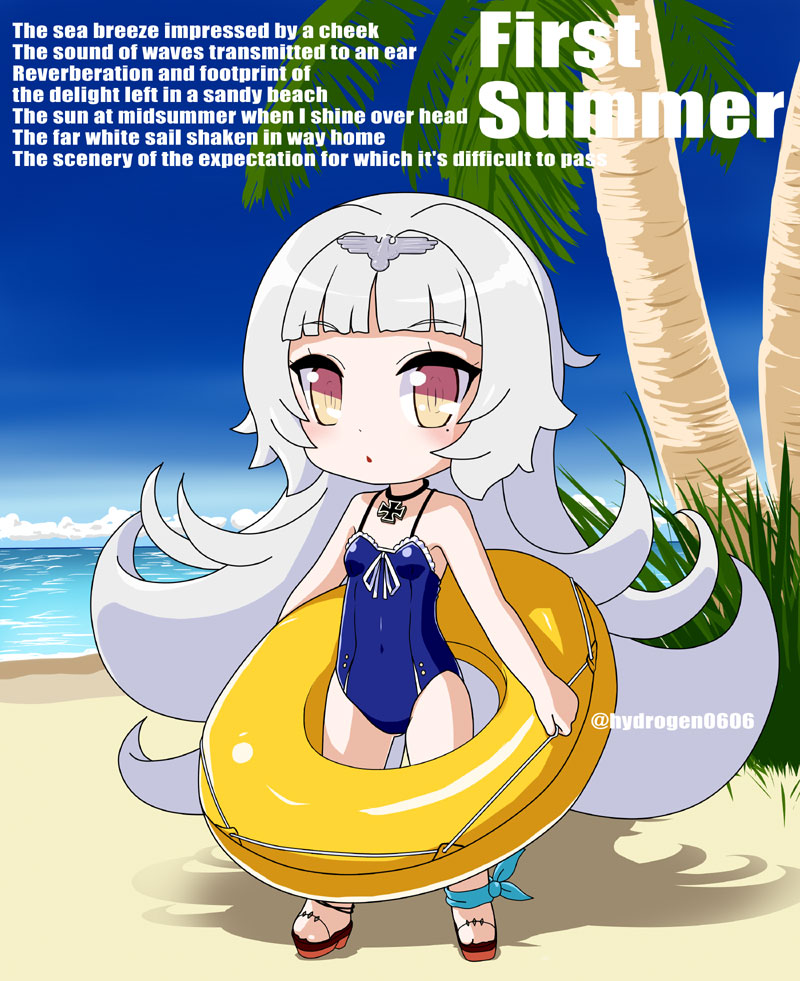 azur_lane bare_arms bare_shoulders beach blue_sky blue_swimsuit blush breasts brown_eyes chibi cloud commentary_request day english headpiece holding holding_innertube horizon hydrock innertube iron_cross long_hair looking_at_viewer mole mole_under_eye ocean outdoors palm_tree parted_lips red_footwear sand sandals silver_hair sky small_breasts solo standing swimsuit tree twitter_username very_long_hair water yellow_innertube z46_(azur_lane)
