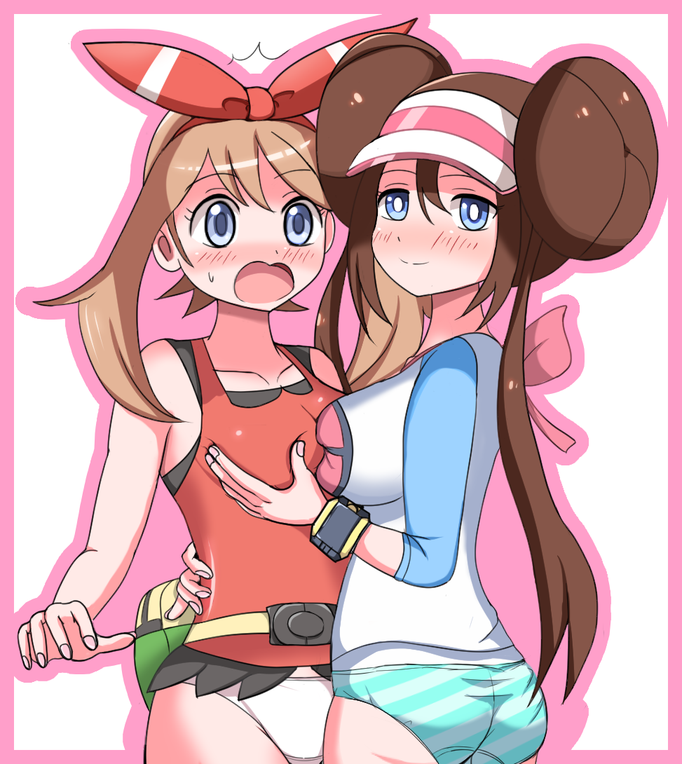 2girls arm_around_waist ass asymmetrical_docking bag bare_shoulders blue_eyes blue_panties blush border breast_grab breast_press breasts brown_hair collarbone embarrassed eyebrows_visible_through_hair fanny_pack female from_behind grabbing hairband hand_up haruka_(pokemon) haruka_(pokemon_oras) hat hug kaimu_(qewcon) large_breasts long_hair long_sleeves looking_at_another looking_at_viewer looking_back medium_breasts mei_(pokemon) multiple_girls nose_blush open_mouth outline outside_border panties pink_border pink_hair poke_ball_theme pokemon pokemon_(game) pokemon_bw2 pokemon_oras red_hairband red_shirt shiny shiny_hair shirt simple_background sleeveless sleeveless_shirt smile standing striped striped_panties surprised sweat tied_hair twin_buns twintails underwear visor_cap watch white_background white_panties white_shirt wristwatch yuri