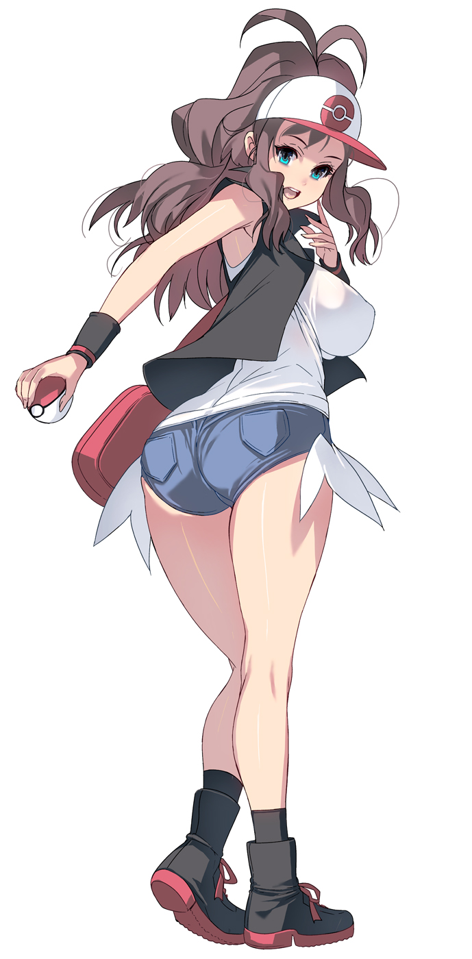 antenna_hair ass bag bare_legs bare_shoulders baseball_cap blue_eyes breasts brown_hair denim denim_shorts from_behind full_body hat highres large_breasts legs long_hair looking_at_viewer looking_back masao open_mouth pokemon pokemon_(game) pokemon_bw ponytail short_shorts shorts sideboob simple_background sleeveless smile solo tank_top touko_(pokemon) vest white_background