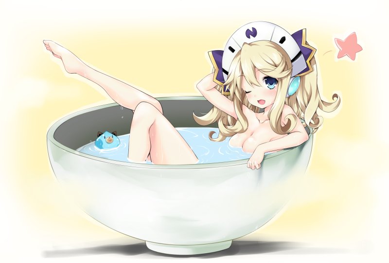 ;o bathing blonde_hair blue_eyes blush breasts cleavage commentary_request cup curly_hair dogoo hair_between_eyes hair_ribbon hat histoire iwasi-r leg_up legs long_hair looking_at_viewer medium_breasts neptune_(series) nude one_eye_closed ribbon solo steam twintails water