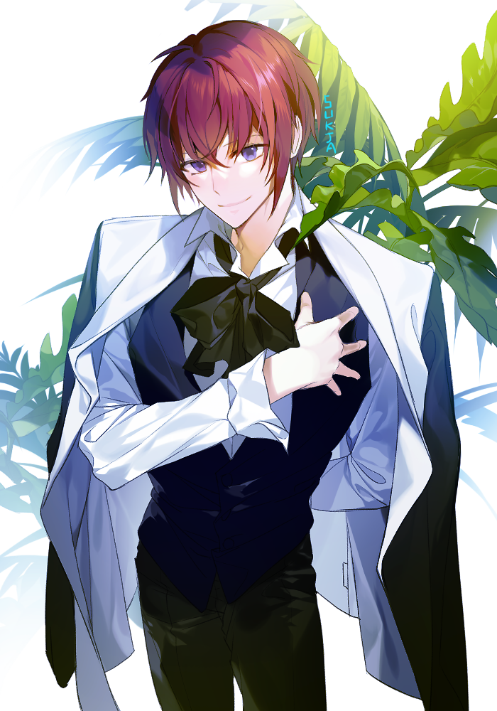 arm_behind_back artist_name black_bow bow bowtie character_request closed_mouth copyright_request formal hand_on_own_chest jacket_on_shoulders looking_at_viewer male_focus plant purple_eyes short_hair smile solo suit sukja vest