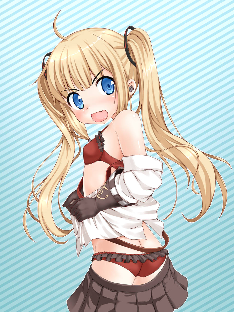 ahoge amazon_(azur_lane) ass azur_lane black_gloves black_skirt blonde_hair blue_eyes bra breasts butt_crack commentary_request earplugs from_side gloves highres kumaneko_rococo long_hair looking_at_viewer looking_back miniskirt open_clothes open_mouth open_shirt panties red_bra red_panties shirt skirt skirt_pull small_breasts solo surprised twintails unbuttoned underwear undressing white_shirt