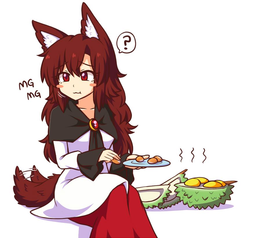 :t ? animal_ear_fluff animal_ears blush_stickers breasts brooch brown_hair collarbone commentary dress durian eating english_commentary eyebrows_visible_through_hair feet_out_of_frame food hair_between_eyes holding holding_food holding_plate imaizumi_kagerou jewelry long_hair medium_breasts mg_mg multicolored multicolored_clothes multicolored_dress plate red_dress red_eyes shadow simple_background sitting solo spoken_question_mark tail tail_wagging touhou white_background white_dress wolf_ears wolf_tail wool_(miwol)