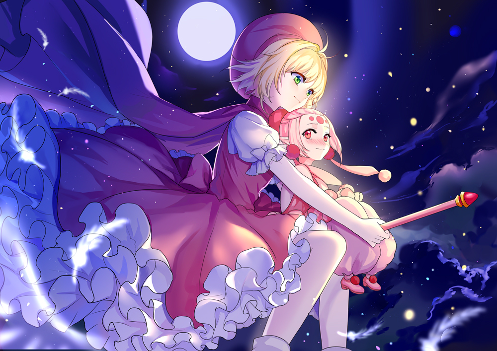 antenna_hair blonde_hair blush cape cardcaptor_sakura closed_mouth cloud dress facial_mark forehead_mark frilled_dress frills full_moon fuuin_no_tsue green_eyes hat kinomoto_sakura minigirl mirror_(xilu4) moon multiple_girls night night_sky petticoat pink_cape pink_dress pink_hair pink_hat pink_skin power_(clow_card) puffy_pants puffy_short_sleeves puffy_sleeves red_eyes short_hair short_sleeves sky