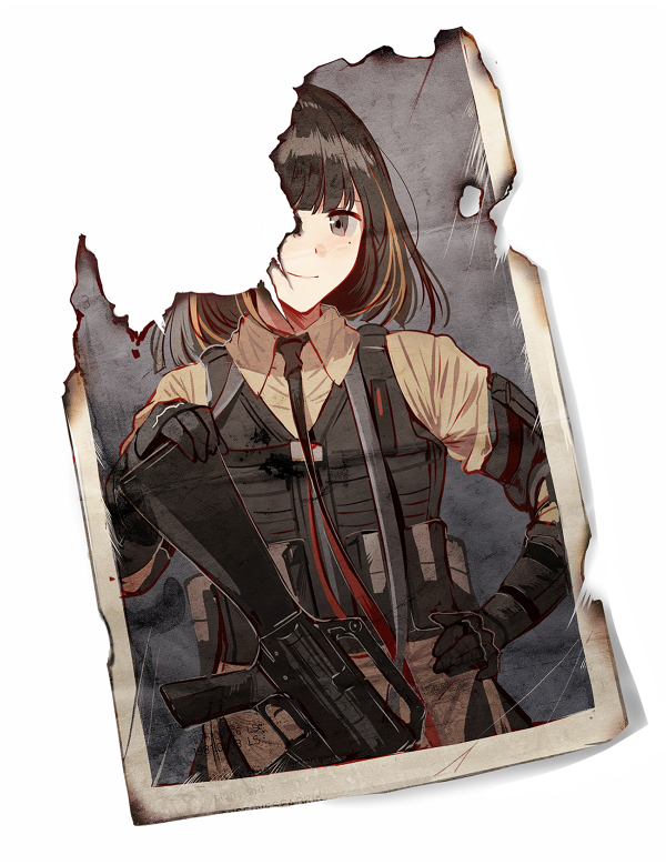 alternate_costume alternate_hair_length alternate_hairstyle armor assault_rifle beige_shirt black_hair black_neckwear blonde_hair brown_eyes bulletproof_vest burn_mark burnt closed_mouth collared_shirt commentary damaged elbow_pads english_commentary eyebrows_visible_through_hair girls_frontline gloves gun hand_on_hip head_tilt load_bearing_vest m16a1 m16a1_(girls_frontline) multicolored_hair necktie photo_(object) rifle sepia shirt short_hair silence_girl skirt smile solo tactical_clothes two-tone_hair uniform weapon