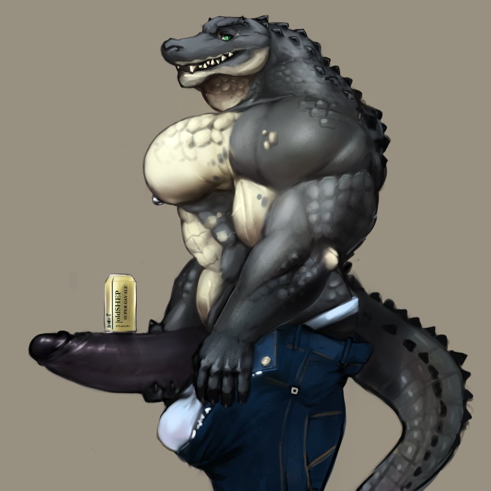 abs alligator anthro balls balls_outline beer_can big_pecs big_penis black_penis bulge clothed clothing comparing comparing_penis crocodilian green_eyes grey_background grey_skin half_portrait huge_muscles humanoid_penis looking_at_viewer male manly muscular muscular_male nipples oldshep open_mouth pants partially_clothed pecs penis presenting presenting_penis reptile scalie side_view simple_background smile solo standing tan_skin teeth underwear undressing
