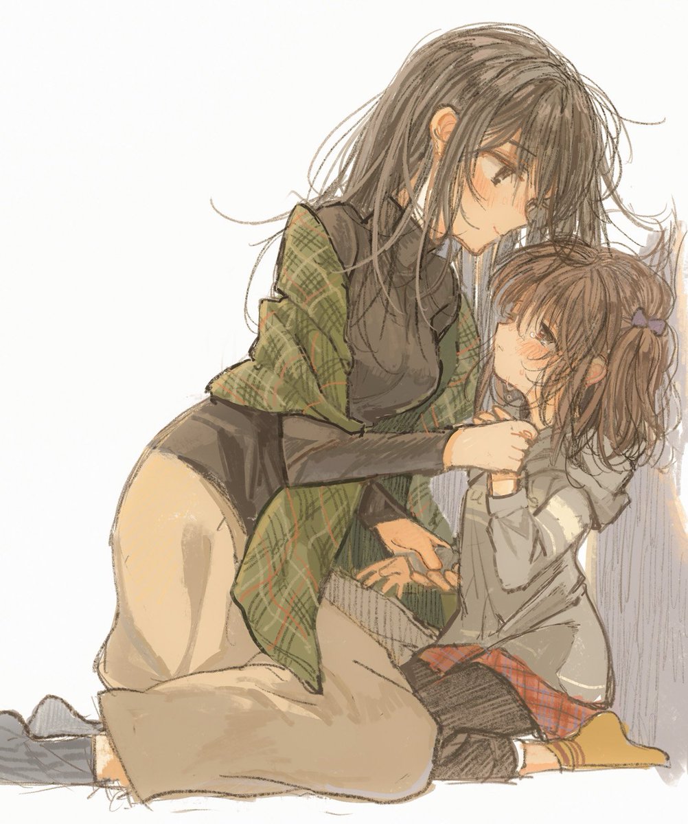 2girls against_wall age_difference black_hair blush bow brown_hair crying crying_with_eyes_open hair_bow hand_holding hood hoodie itou_hachi long_hair long_skirt looking_at_another multiple_girls shawl short_hair sketch skirt smile socks sweater tears yuri