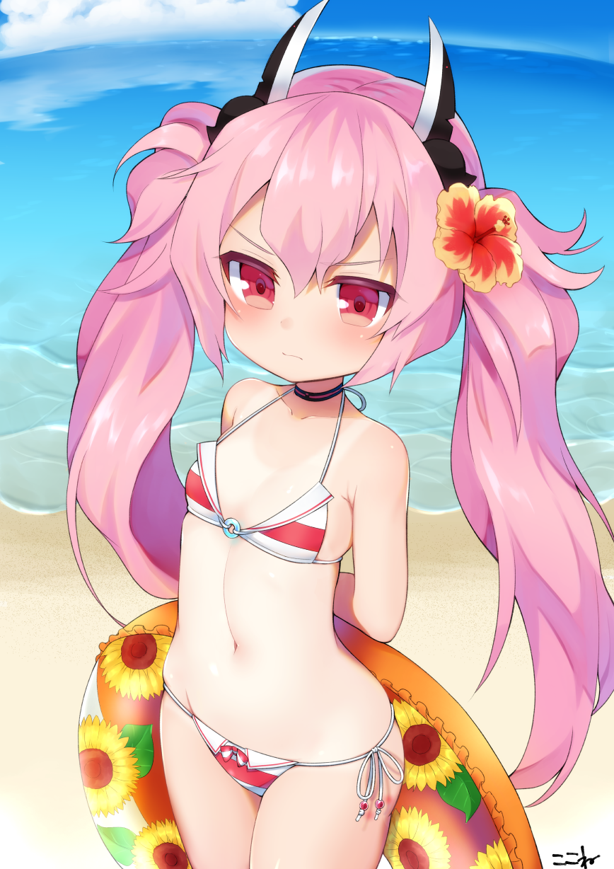 arms_behind_back azur_lane bangs bare_shoulders beach bikini bow_bikini breasts collarbone day eyebrows_visible_through_hair floral_print flower groin hair_between_eyes hair_flower hair_ornament hamakaze_(azur_lane) headgear highres innertube koko_ne_(user_fpm6842) long_hair navel ocean one-piece_tan outdoors pink_hair print_innertube red_eyes red_flower sand side-tie_bikini signature small_breasts solo standing striped striped_bikini swimsuit tan tanline twintails very_long_hair water