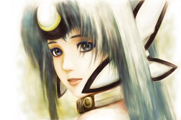 android blue_eyes blue_hair collar commentary_request cyborg face fm77_(artist) forehead_protector kos-mos long_hair looking_at_viewer solo xenosaga