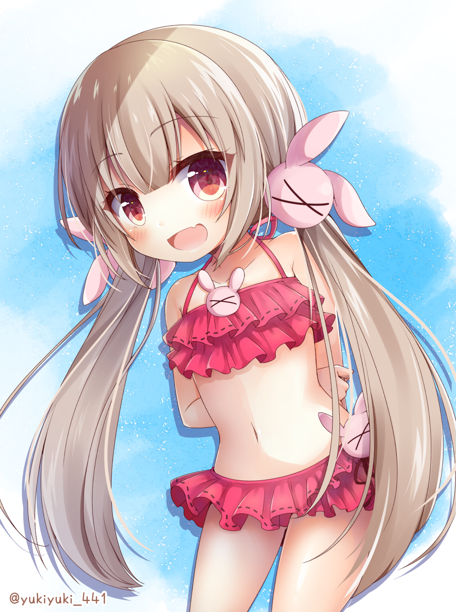 &gt;_&lt; :d arm_behind_back arm_grab bangs bare_arms bare_shoulders bikini blush bunny_hair_ornament collarbone commentary eyebrows_visible_through_hair fang hair_between_eyes hair_ornament highres layered_bikini leaning_to_the_side light_brown_hair long_hair looking_at_viewer natori_sana navel open_mouth pink_bikini red_eyes sana_channel sidelocks smile solo swimsuit twintails very_long_hair virtual_youtuber yukiyuki_441