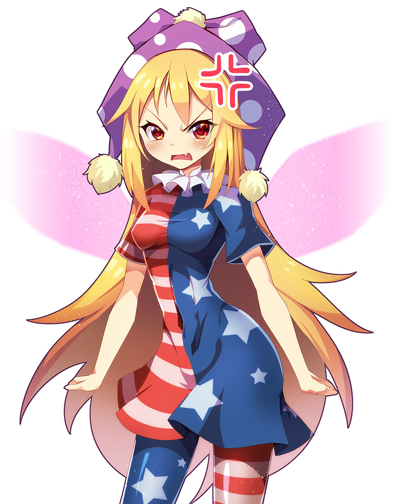 american_flag_dress american_flag_legwear anger_vein angry blonde_hair blush breasts clenched_hands clownpiece commentary covered_navel cowboy_shot dress fairy_wings fang hat jester_cap long_hair neck_ruff open_mouth pantyhose polka_dot_hat pom_pom_(clothes) purple_hat red_eyes short_dress short_sleeves simple_background small_breasts solo standing star star_print striped striped_dress thighs touhou v-shaped_eyebrows very_long_hair white_background wings z.o.b