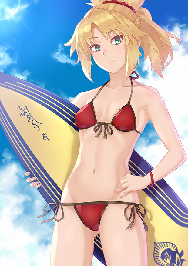 bikini blue_sky breasts cloud cowboy_shot darahan day fate/grand_order fate_(series) front-tie_bikini front-tie_top hair_ornament hair_scrunchie hand_on_hip looking_at_viewer mordred_(fate)_(all) mordred_(swimsuit_rider)_(fate) prydwen red_bikini red_scrunchie scrunchie side-tie_bikini sky small_breasts solo surfboard swimsuit