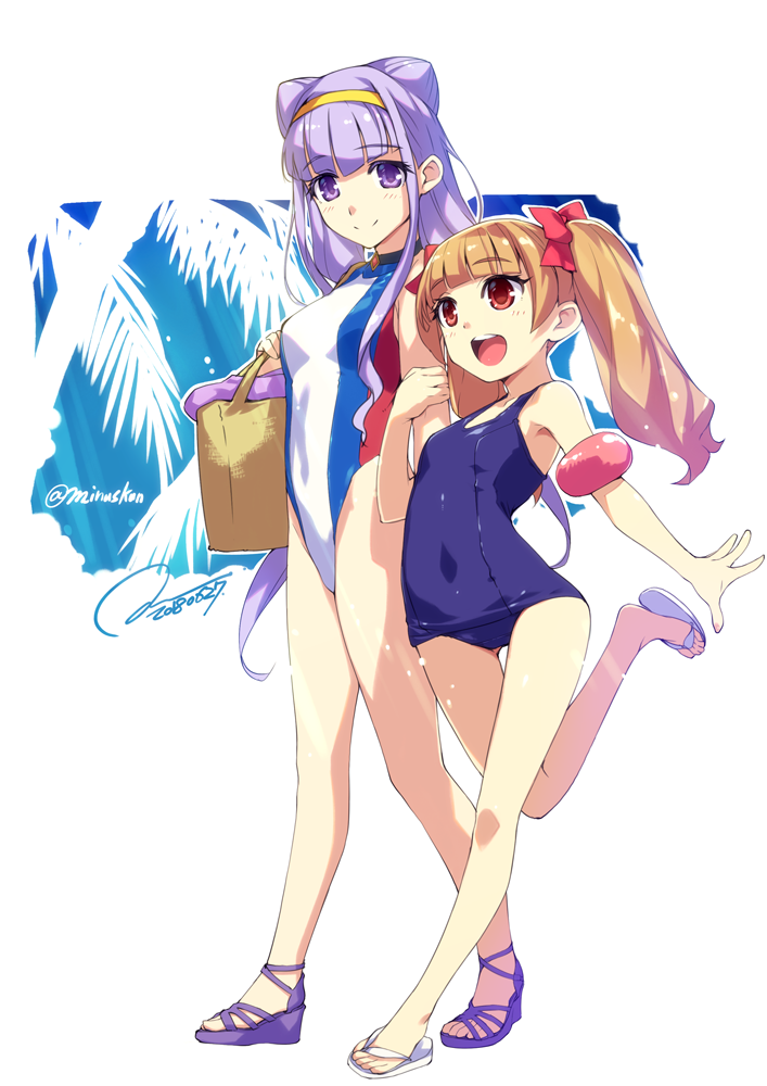 :d aisaki_emiru ass_visible_through_thighs bag blue_swimsuit bow brown_hair casual_one-piece_swimsuit dated double_bun full_body hair_bow hairband hiiro_yuki hugtto!_precure inflatable_armbands long_hair multicolored multicolored_clothes multicolored_swimsuit multiple_girls old_school_swimsuit one-piece_swimsuit open_mouth open_toe_shoes precure purple_eyes purple_footwear purple_hair red_eyes round_teeth ruru_amour sandals school_swimsuit signature smile swimsuit teeth turtleneck twintails upper_teeth walking white_footwear yellow_hairband