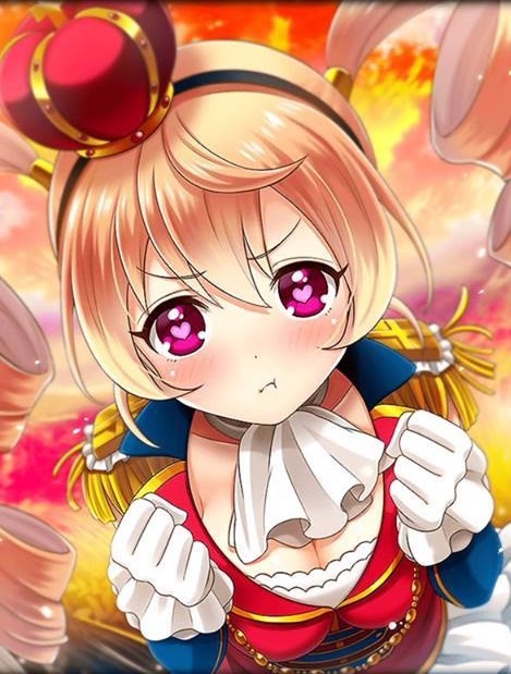 artist_request blonde_hair blush breasts cleavage coat crown_hair_ornament drill_hair epaulettes gloves heart heart-shaped_pupils labrys_(phantom_of_the_kill) neckerchief official_art phantom_of_the_kill pink_eyes pout red_coat skirt symbol-shaped_pupils twin_drills twintails white_gloves white_skirt