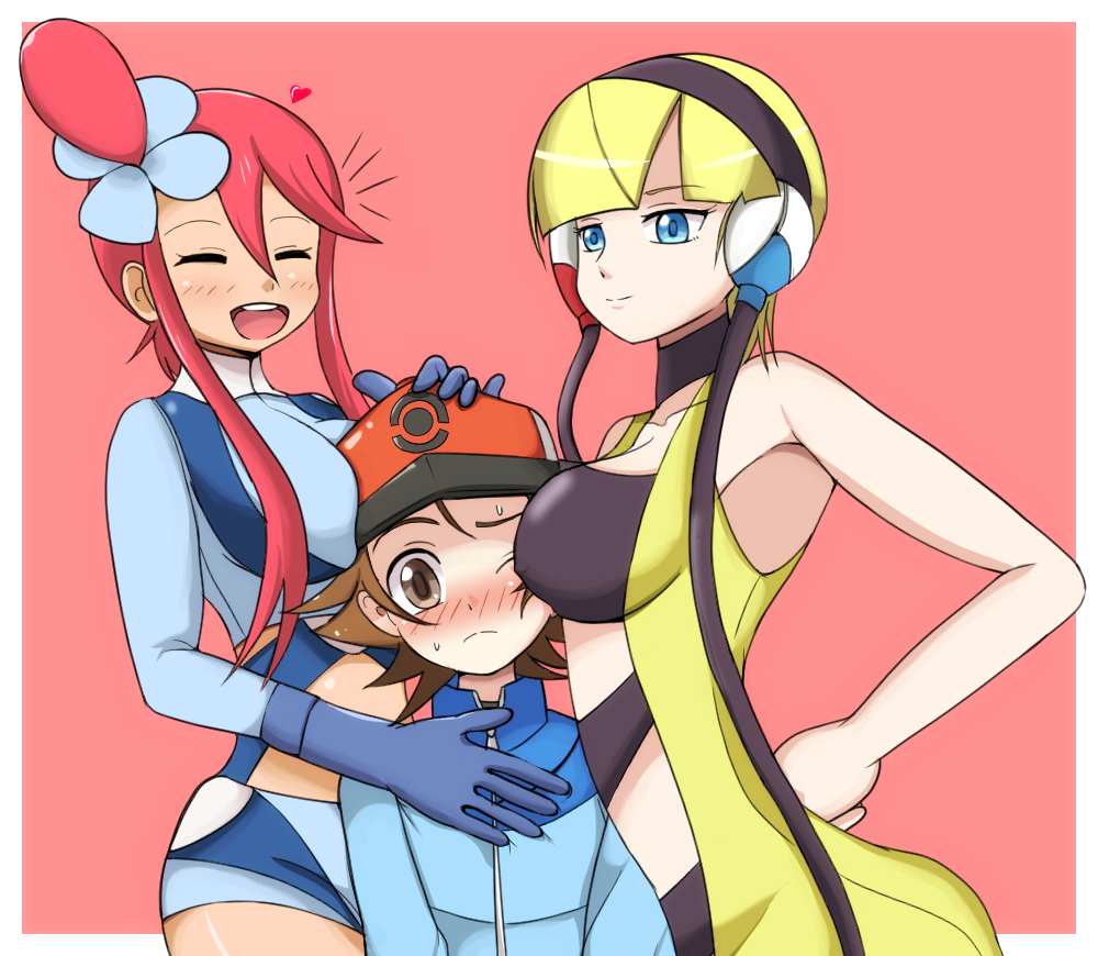 1boy 2girls bare_shoulders baseball_cap between_breasts black_choker blonde_hair blue_eyes blue_gloves blue_shirt blue_shorts blush border breast_press breast_smother breasts brown_eyes brown_hair choker collarbone crop_top erect_nipples eyes_closed fuuro_(pokemon) girl_sandwich gloves hair_ornament hand_on_another's_head hand_on_hip happy hat heart kaimu_(qewcon) kamitsure_(pokemon) large_breasts long_sleeves looking_at_viewer matching_hair/eyes multiple_girls nose_blush one_eye_closed open_mouth outside_border pink_background poke_ball_theme pokemon pokemon_(game) pokemon_bw red_hair red_hat sandwiched shiny shiny_hair shirt short_hair short_shorts shorts simple_background sleeveless smile standing sweat teeth tied_hair touya_(pokemon) white_border