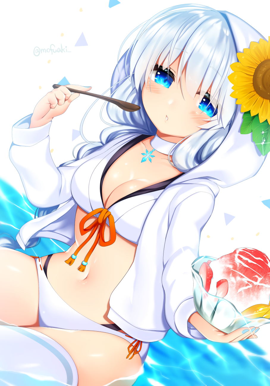 bangs bikini blue_eyes blush braid breasts cleavage commentary dutch_angle eyebrows_visible_through_hair flower food fruit hair_between_eyes highres hiyuki-chan holding hood hood_up hooded_jacket jacket long_hair looking_at_viewer medium_breasts mofuaki navel open_clothes open_jacket shaved_ice silver_hair solo sound_voltex strawberry sunflower swimsuit thighhighs twitter_username very_long_hair water white_background white_bikini white_jacket white_legwear yellow_flower