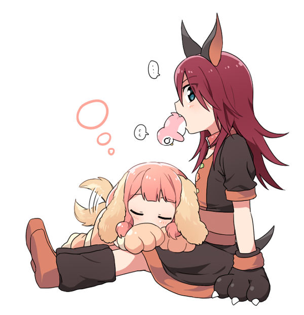 2girls animal_ears aqua_eyes bang_dream! bangs boots collar commentary_request dog_ears dog_tail eyebrows_visible_through_hair eyes_visible_through_hair fang from_side gloves lap_pillow long_hair medium_hair mouth_hold multiple_girls paw_gloves paws pink_hair re_ghotion red_hair shirt short_sleeves simple_background skirt spoken_ellipsis spoken_flying_sweatdrops tail tail_wagging u_u udagawa_tomoe uehara_himari white_background