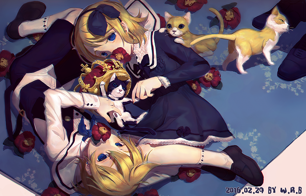 1girl 2016 artist_name blonde_hair blue_bow blue_dress blue_eyes blue_hairband blue_jacket blue_shorts bow brother_and_sister cat crown dated dress flower flower_in_mouth hair_bow hairband jacket kagamine_len kagamine_rin kitten lying mary_janes mouth_hold on_side pale_skin red_flower sailor_collar shirt shoes short_hair shorts siblings sleeveless_blazer socks twins upside-down vocaloid w.r.b white_shirt