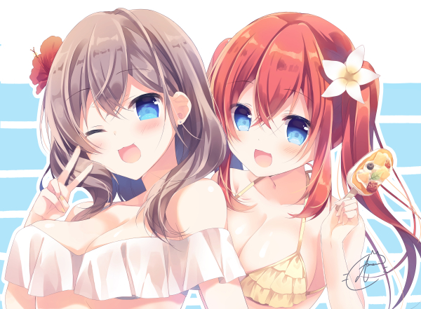 :3 :d ;3 ;d amamine bangs bare_arms bare_shoulders bikini blue_eyes blush breasts brown_hair cleavage collarbone commentary_request eyebrows_visible_through_hair fingernails flower food hair_between_eyes hair_flower hair_ornament hand_up head_tilt holding holding_food ice_cream large_breasts layered_bikini long_hair looking_at_viewer mecha multiple_girls one_eye_closed open_mouth original red_flower red_hair signature smile swimsuit twintails v white_flower yellow_bikini