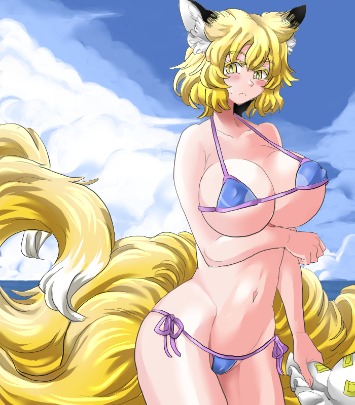animal_ears arm_under_breasts bare_arms bare_shoulders bikini blonde_hair blue_sky blush breast_hold breasts cameltoe cheken closed_mouth cloud cloudy_sky collarbone covered_nipples day eyebrows_visible_through_hair fox_ears fox_tail groin hat hat_removed headwear_removed hips holding holding_hat huge_breasts looking_at_viewer lowleg lowleg_bikini micro_bikini multiple_tails navel ocean outdoors short_hair side-tie_bikini side-tie_bottom sky solo standing stomach strap_gap swimsuit tail touhou upper_body water yakumo_ran yellow_eyes