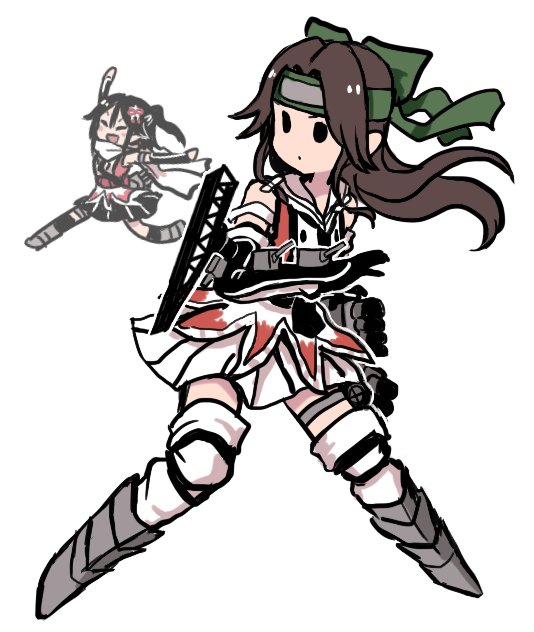 :d black_hair brown_hair cannon commentary elbow_gloves fighting_stance full_body gloves green_headband headband jintsuu_(kantai_collection) kantai_collection long_hair multiple_girls one_side_up open_mouth pleated_skirt remodel_(kantai_collection) running scarf sendai_(kantai_collection) simple_background skirt smile solid_circle_eyes terrajin thighhighs turret v-shaped_eyebrows white_background