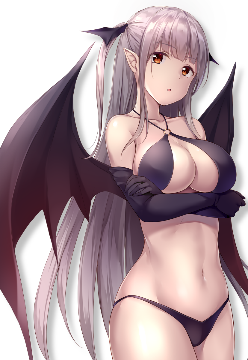 arms_under_breasts bad_id bad_twitter_id bikini black_bikini black_gloves breast_hold breasts cleavage cowboy_shot criss-cross_halter crossed_arms demon_girl demon_wings elbow_gloves eyebrows_visible_through_hair gloves halterneck highres large_breasts long_hair navel o-ring o-ring_bikini o-ring_top orange_eyes original parted_lips pasdar pointy_ears sidelocks silver_hair simple_background solo swimsuit two_side_up very_long_hair wings