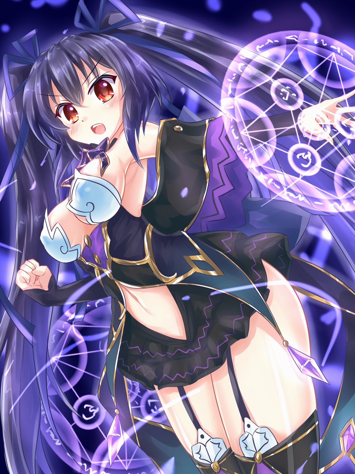bare_shoulders black_hair blush breasts cleavage clenched_hand commentary_request cowboy_shot detached_collar detached_sleeves from_side garter_straps hair_ribbon highres kazuneko_(wktk1024) leaning_forward long_hair looking_at_viewer magic_circle medium_breasts navel navel_cutout nepnep_connect:_chaos_chanpuru neptune_(series) noire noire_(chaos_form) open_mouth pubic_tattoo red_eyes revealing_clothes ribbon solo tattoo thighhighs thighs upper_teeth very_long_hair