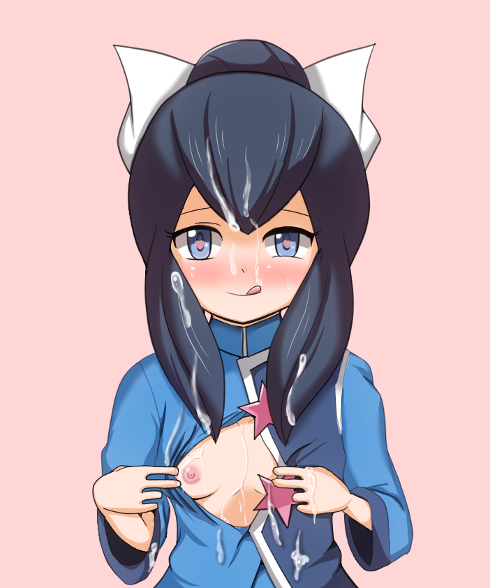 1girl bangs black_hair blue_eyes blue_shirt blush breasts cum cum_on_body cum_on_breasts cum_on_clothes cum_on_hair cum_on_upper_body facial female flashing hair_bun hair_ornament hair_ribbon hands_up heart heart-shaped_pupils kaimu_(qewcon) licking_lips long_sleeves looking_at_viewer nipples no_bra nose_blush open_clothes pink_background pokemon pokemon_(game) pokemon_oras ran_(pokemon) ribbon shiny shiny_hair shirt simple_background small_breasts smile solo standing symbol-shaped_pupils textless tied_hair tongue tongue_out upper_body white_ribbon