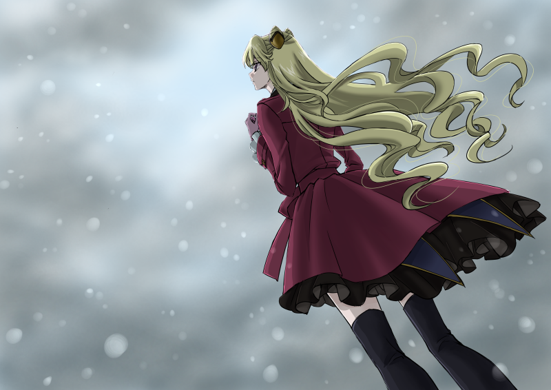 black_footwear blonde_hair boots cloud cloudy_sky coat code_geass code_geass:_boukoku_no_akito floating_hair from_behind from_below hair_ornament komaichi leila_(code_geass) long_hair looking_up outdoors red_coat sky snowing solo thigh_boots thighhighs very_long_hair