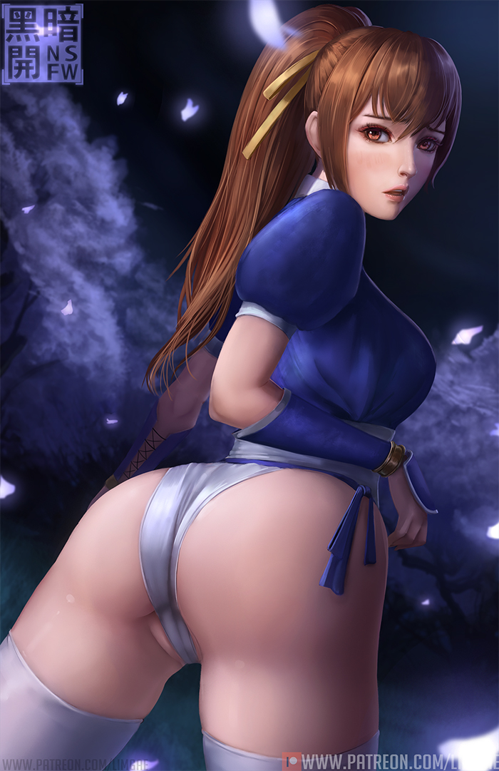 arm_guards ass breasts brown_eyes brown_hair choker cleavage dead_or_alive falling_petals from_behind hair_ribbon kasumi_(doa) large_breasts limgae long_hair looking_at_viewer looking_back ninja obi panties parted_lips patreon_username pelvic_curtain ponytail puffy_sleeves ribbon sash short_sleeves side-tie_panties thighhighs tied_hair underwear white_legwear yellow_ribbon