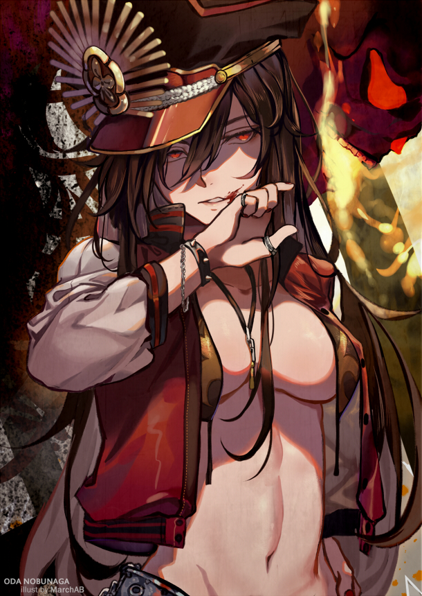 bikini black_hair black_hat blood blood_on_face bracelet breasts chain cleavage collarbone fate/grand_order fate_(series) front-tie_bikini front-tie_top hair_between_eyes hand_on_hip hat jacket jewelry long_hair looking_at_viewer marchab_66 medium_breasts military_hat navel oda_nobunaga_(fate) oda_nobunaga_(swimsuit_berserker)_(fate) open_clothes open_jacket parted_lips red_eyes ring solo stomach swimsuit thumb_ring untied untied_bikini unzipped upper_body