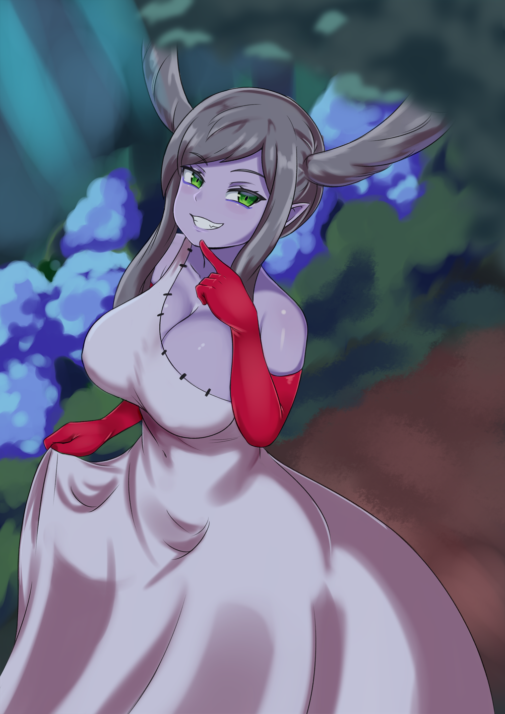blurry blurry_background breasts cleavage commentary dress elbow_gloves english_commentary eyebrows_visible_through_hair fang finger_to_mouth gloves green_eyes grey_hair grey_skin grin highres large_breasts long_hair looking_at_viewer nav outdoors pointy_ears pop'n_music red_gloves roki_(pop'n_music) skirt_hold smile solo teeth