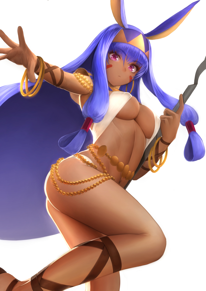 animal_ears ass bangs belly_chain bracelet breasts chain cleavage closed_mouth commentary_request dark_skin detached_collar earrings egyptian_clothes eyeliner facepaint facial_mark fate/grand_order fate_(series) hairband halter_top halterneck highres hips hoop_earrings jackal_ears jewelry legband long_hair looking_at_viewer makeup medium_breasts navel nitocris_(fate/grand_order) outstretched_arm purple_eyes purple_hair sidelocks simple_background solo staff swimsuit thighs underboob very_long_hair white_background white_swimsuit wristband yamaneko_(tkdrumsco)