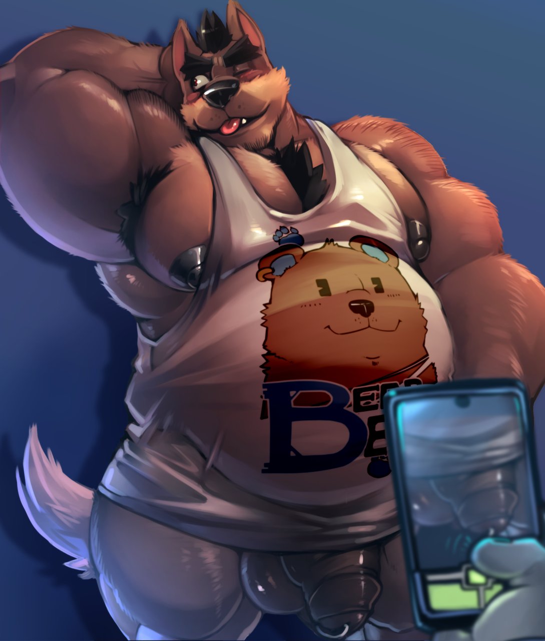 anthro balls bottomless canine clothed clothing cursedmarked flaccid genital_piercing humanoid_penis male mammal musclegut muscular muscular_male pecs penis penis_piercing phone piercing prince_albert_piercing shirt solo_focus tank_top thick_penis tongue tongue_out uncut