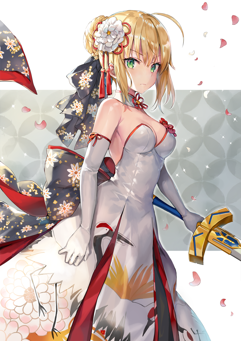 ahoge artoria_pendragon_(all) bangs bare_shoulders black_bow blonde_hair blush bow braid breasts closed_mouth commentary_request detached_collar dress elbow_gloves excalibur eyebrows_visible_through_hair fate/stay_night fate_(series) floral_print flower from_side gloves green_eyes hair_between_eyes hair_bun hair_flower hair_ornament hair_ribbon holding holding_sword holding_weapon looking_at_viewer md5_mismatch medium_breasts momoko_(momopoco) petals pleated_dress print_bow red_ribbon ribbon saber short_hair sidelocks solo standing strapless strapless_dress sword tsurime v-shaped_eyebrows weapon white_collar white_dress white_flower white_gloves