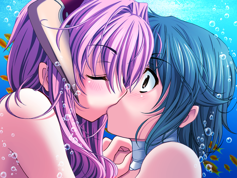 2girls air_bubble blue_hair blush bubble eyebrows_visible_through_hair female fish game_cg hand_on_another's_shoulder izumi_iko kiss multiple_girls surprised underwater yuri
