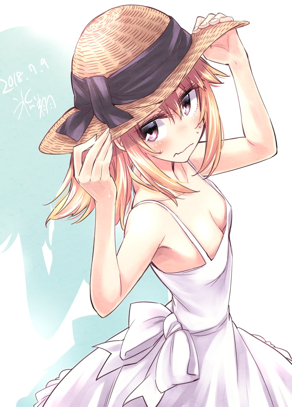 blush breasts cleavage commentary_request downblouse dress dutch_angle from_above hair_between_eyes hands_on_headwear hat highres hikawa_shou idolmaster idolmaster_cinderella_girls purple_eyes short_hair small_breasts straw_hat sundress sweat wavy_mouth yuuki_haru
