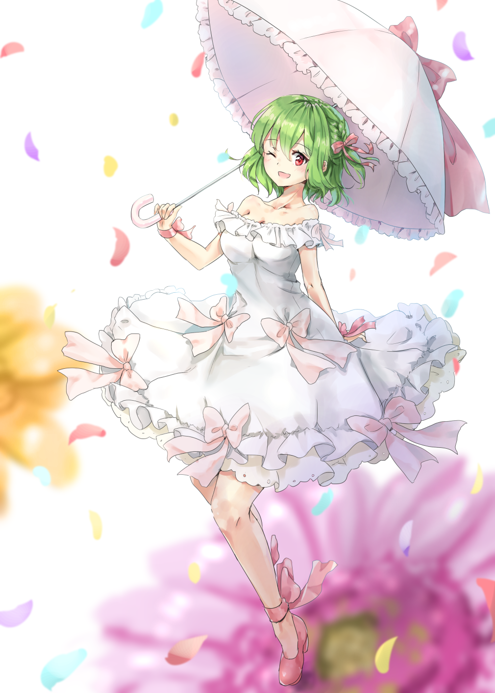 ;d alternate_costume ankle_ribbon arm_behind_back bare_shoulders blurry blurry_background bow braid breasts cleavage collarbone dress floral_background flower frilled_dress frills green_hair hair_ribbon high_heels highres holding holding_umbrella kazami_yuuka medium_breasts one_eye_closed open_mouth petals pink_bow pink_footwear pink_ribbon red_eyes ribbon shironeko_yuuki short_hair smile solo strapless strapless_dress touhou umbrella white_background white_dress wrist_ribbon