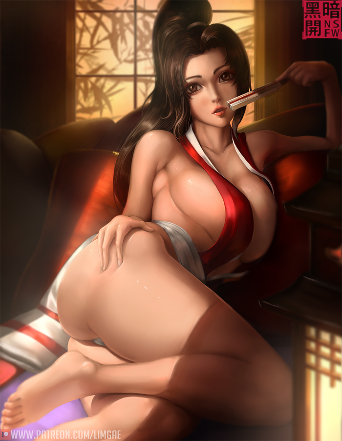 bare_shoulders barefoot breasts brown_eyes brown_hair cleavage closed_fan collarbone couch fan fatal_fury folding_fan hand_on_hip high_ponytail holding holding_fan japanese_clothes large_breasts leaf limgae looking_at_viewer lying ninja on_side patreon_username pelvic_curtain pillow ponytail realistic shiranui_mai sideboob the_king_of_fighters underboob window