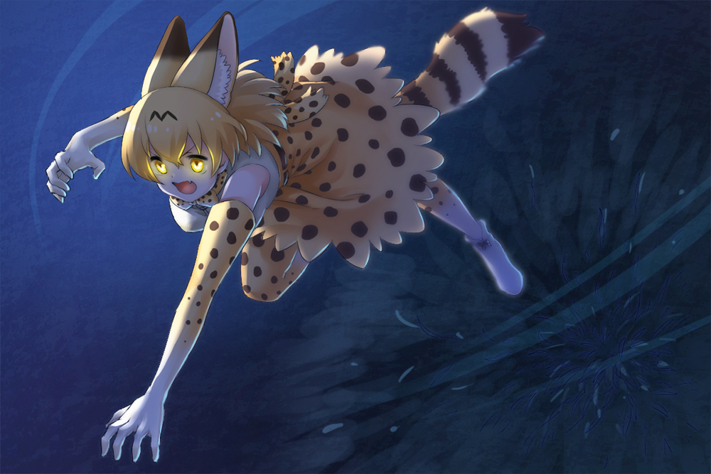 animal_ears blonde_hair commentary dark elbow_gloves fang gloves glowing glowing_eyes inukoro_(spa) kemono_friends open_mouth outstretched_arms pouncing serval_(kemono_friends) serval_ears serval_print serval_tail short_hair skirt slit_pupils solo tail yellow_eyes